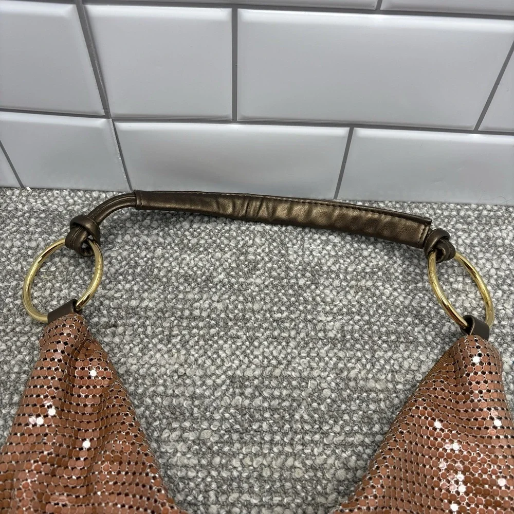 Brown Castle Core Chain Mesh Handbag Purse Zipper Top Hoop Handle Holder Cool H3